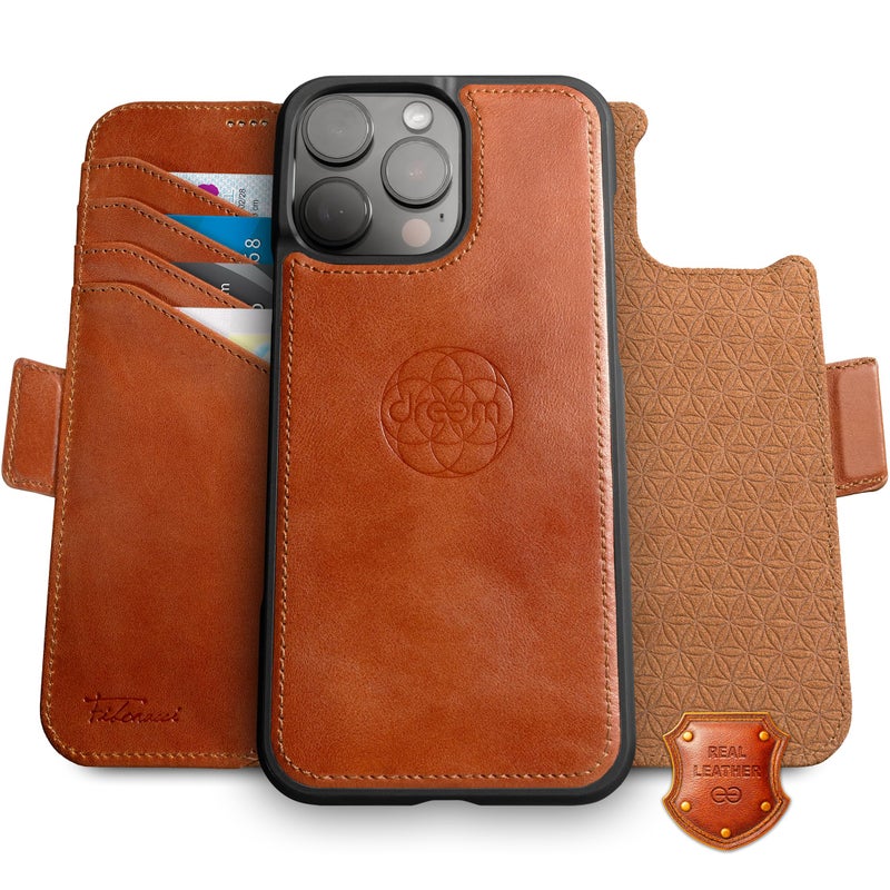Dreem Real Leather Wallet Case for iPhone 16 Pro Max Revolutionary VertHor Phone Stand Magnetic Detachable Flip Cover RFID Blocking Card Holder MagSafeFit Gift Box Fibonacci Caramel - Image 2