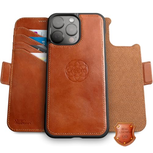 Dreem Real Leather Wallet Case for iPhone 16 Pro Max Revolutionary VertHor Phone Stand Magnetic Detachable Flip Cover RFID Blocking Card Holder MagSafeFit Gift Box Fibonacci Caramel - Image 1