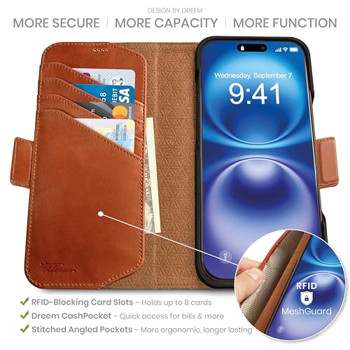 Dreem Real Leather Wallet Case for iPhone 16 Pro Max Revolutionary VertHor Phone Stand Magnetic Detachable Flip Cover RFID Blocking Card Holder MagSafeFit Gift Box Fibonacci Caramel - Image 3