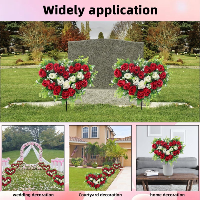 Lodou 2 Sets Artificial Cemetery Flowers, Grave Memorial Flowers with Ground Spike,Heart Shaped Wreaths Rose Flowers for Artificial Rose Decoration for Cemetery Headstones Gravesites (red) - Image 5