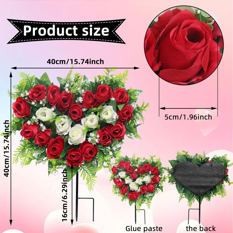 Lodou 2 Sets Artificial Cemetery Flowers, Grave Memorial Flowers with Ground Spike,Heart Shaped Wreaths Rose Flowers for Artificial Rose Decoration for Cemetery Headstones Gravesites (red) - Image 4