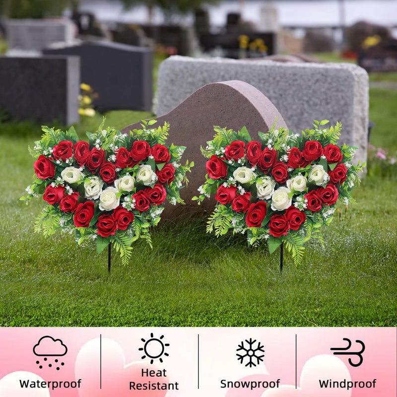 Lodou 2 Sets Artificial Cemetery Flowers, Grave Memorial Flowers with Ground Spike,Heart Shaped Wreaths Rose Flowers for Artificial Rose Decoration for Cemetery Headstones Gravesites (red) - Image 2