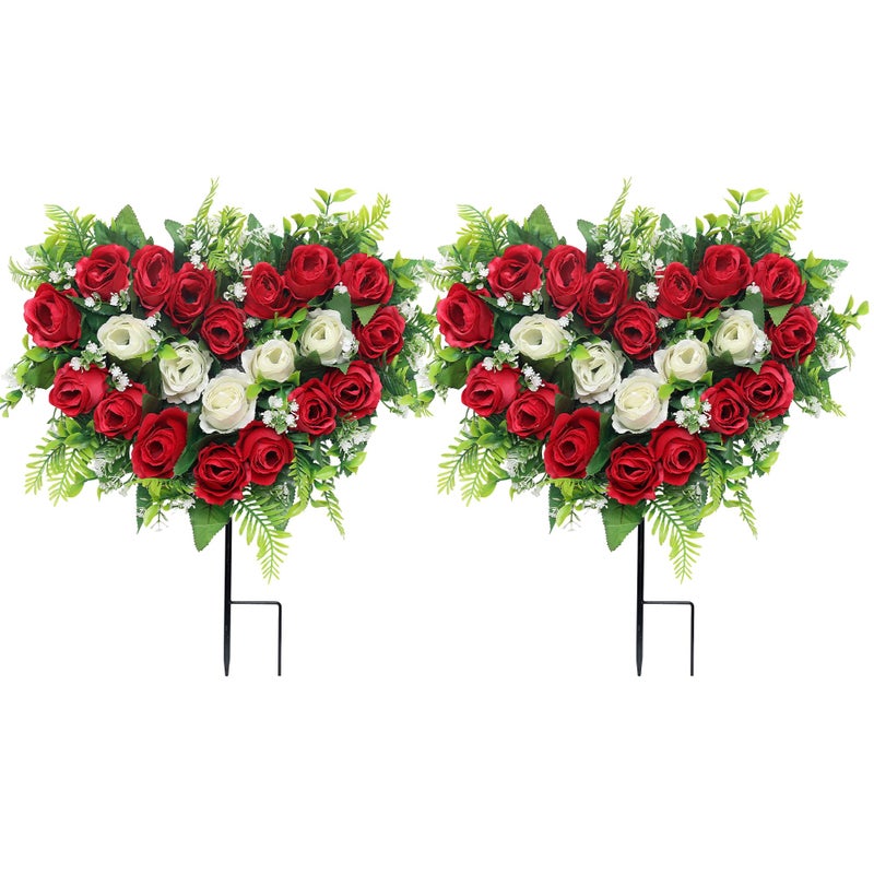 Lodou 2 Sets Artificial Cemetery Flowers, Grave Memorial Flowers with Ground Spike,Heart Shaped Wreaths Rose Flowers for Artificial Rose Decoration for Cemetery Headstones Gravesites (red) - Image 1