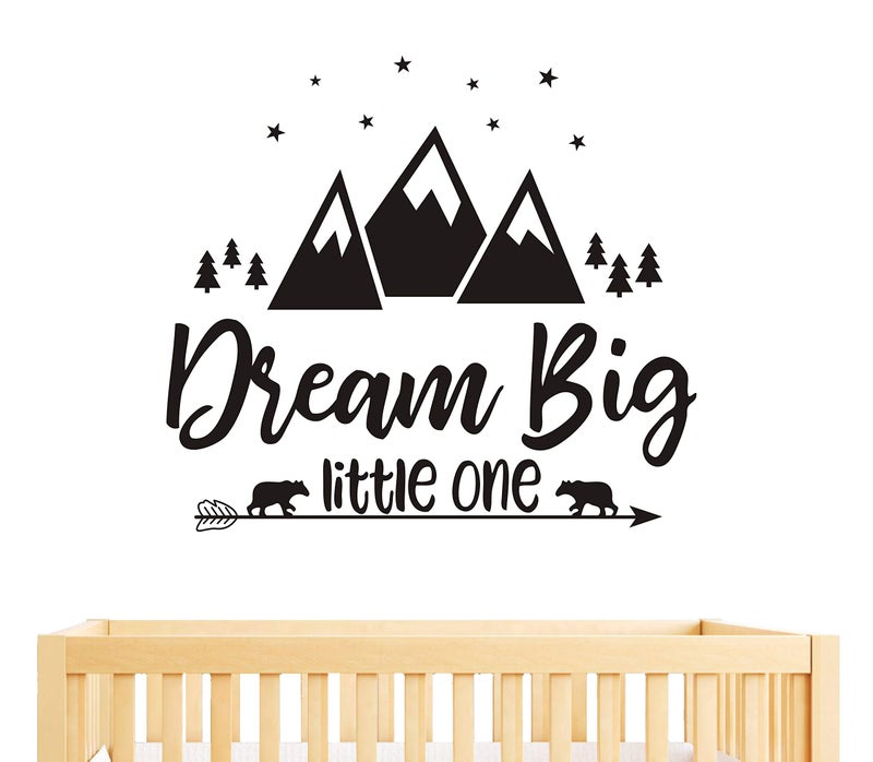 Dream Big Little One Quote Wall Decals Nursery Wall Decals Quote Decal Woodland Wall Stickers Vinyl Wall Decals for Children Baby Kids Boys Bedroom Y07 57x51cm Black