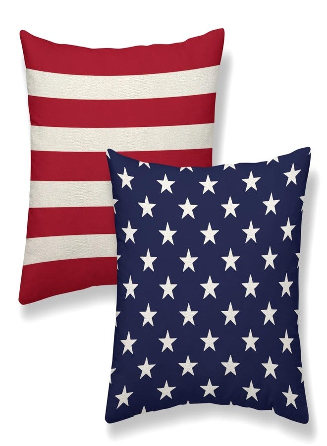 Sorktse 4th of July Pillow Covers 18 x 18 Inch Set of 2 Patriotic Red Stripe Navy Blue Stars Throw Pillows Independence Day Memorial Day Outdoor Decorative Pillowcase Linen Cushion Cases for Bed Sofa Couch - Image 1