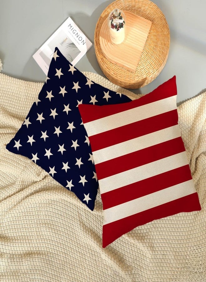 Sorktse 4th of July Pillow Covers 18 x 18 Inch Set of 2 Patriotic Red Stripe Navy Blue Stars Throw Pillows Independence Day Memorial Day Outdoor Decorative Pillowcase Linen Cushion Cases for Bed Sofa Couch - Image 4