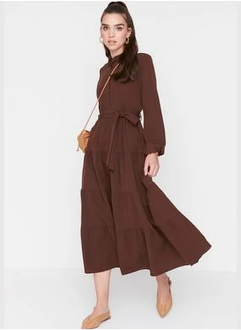 trendyol Dark Brown Belted Woven Dress with a Large Collar Button Detail TCTSS21EL3343