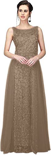 PATLANI Women's Net Embroidery Aline-Flered Gown Dress for Women Full Stitched Gown Ready to wear.(All Over-Chocolate-XXL) - Image 1