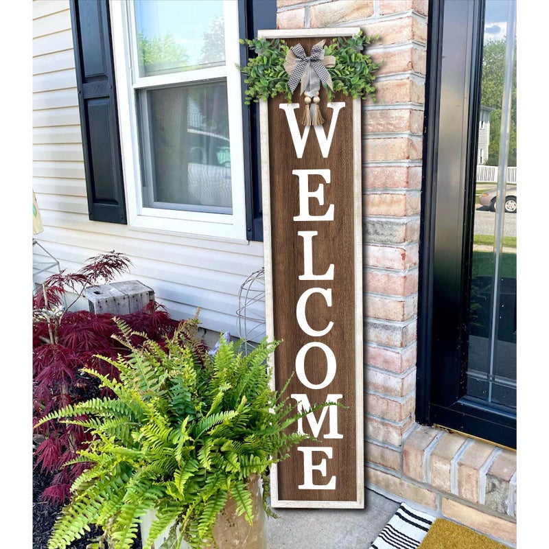 Surfapans Welcome Sign for Front porch Standing 45"X9"Large Wood Frame Outdoor Tall Welcome Signs Vertical Decor for Farmhouse Rustic Home Modern Outside Front Door Wall Decorations (White Wood) - Image 1