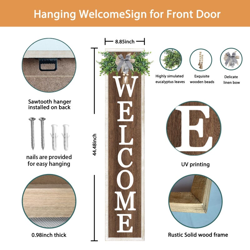 Surfapans Welcome Sign for Front porch Standing 45"X9"Large Wood Frame Outdoor Tall Welcome Signs Vertical Decor for Farmhouse Rustic Home Modern Outside Front Door Wall Decorations (White Wood) - Image 2