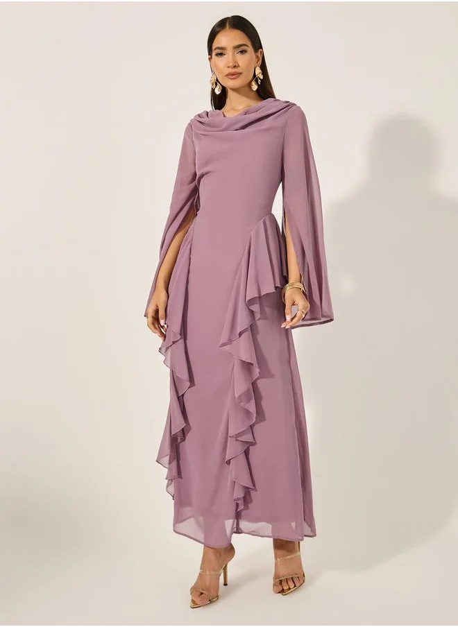 Styli Ruffle Detail Cowl Neck A-Line Maxi Dress