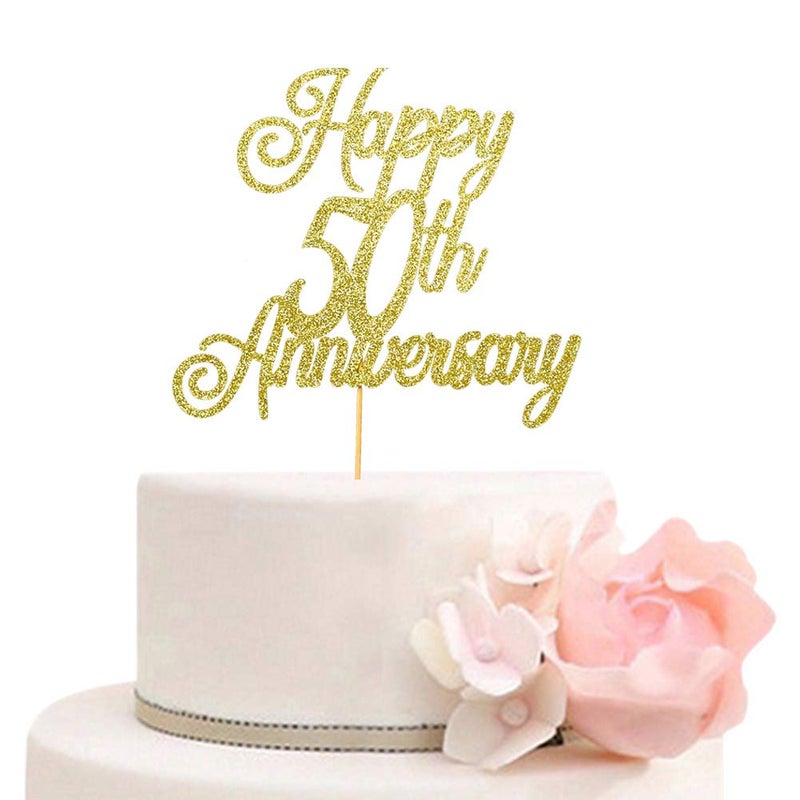 ZLPDS Happy 50th Anniversary Cake Topper 50th Wedding Anniversary Decor Birthday Party Decorations Supplies Gold Glitter - Image 1