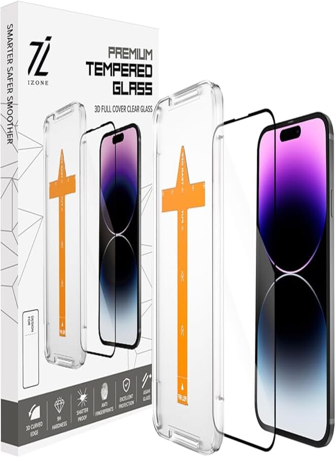 IZONE Clear 9H Tempered Glass Screen Protector for iPhone - With Easy Installation Frame - Enhance and Protect Your Device - 3D Tempered Glass Protector - Glass Screen Shield (iPhone 14 Pro)