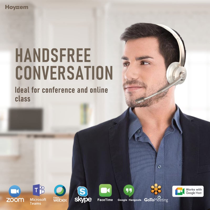 Hoyzzem سماعة بلوتوث، سماعات رأس لاسلكية مع ميكروفون لإلغاء الضوضاء وموصل USB، سماعة بلوتوث V5.0 لسائقي الشاحنات مع كتم الميكروفون وقاعدة شحن لجهاز الكمبيوتر/اللابتوب/الهاتف/الاجتماعات/مركز الاتصالات/المكتب باللون الذهبي - Image 2