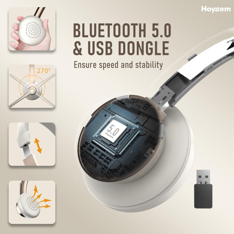 Hoyzzem سماعة بلوتوث، سماعات رأس لاسلكية مع ميكروفون لإلغاء الضوضاء وموصل USB، سماعة بلوتوث V5.0 لسائقي الشاحنات مع كتم الميكروفون وقاعدة شحن لجهاز الكمبيوتر/اللابتوب/الهاتف/الاجتماعات/مركز الاتصالات/المكتب باللون الذهبي - Image 4