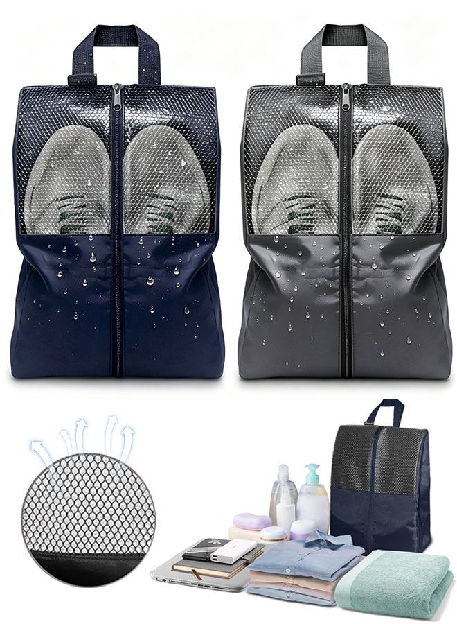 GD 2 Pack Clear Mesh Shoe Bag with Hand Strap Waterproof Zipper Shoe Carrier - Portable Shoe Organizer for Business Trip, Gym Workout, Home Closet Storage (Grey + Navy Blue) - Image 1
