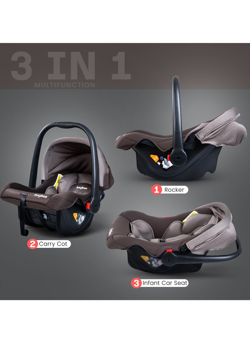 BAYBEE - BAYBEE 3 in 1 Multi Purpose Baby Carry Cot n Car Seat with Handle, Canopy, Adjustable Handle, 3 Point Safety Belt Rocker for Infant Baby Carry Cot for New Born Baby 0 to 15 Months Brown - Image 1