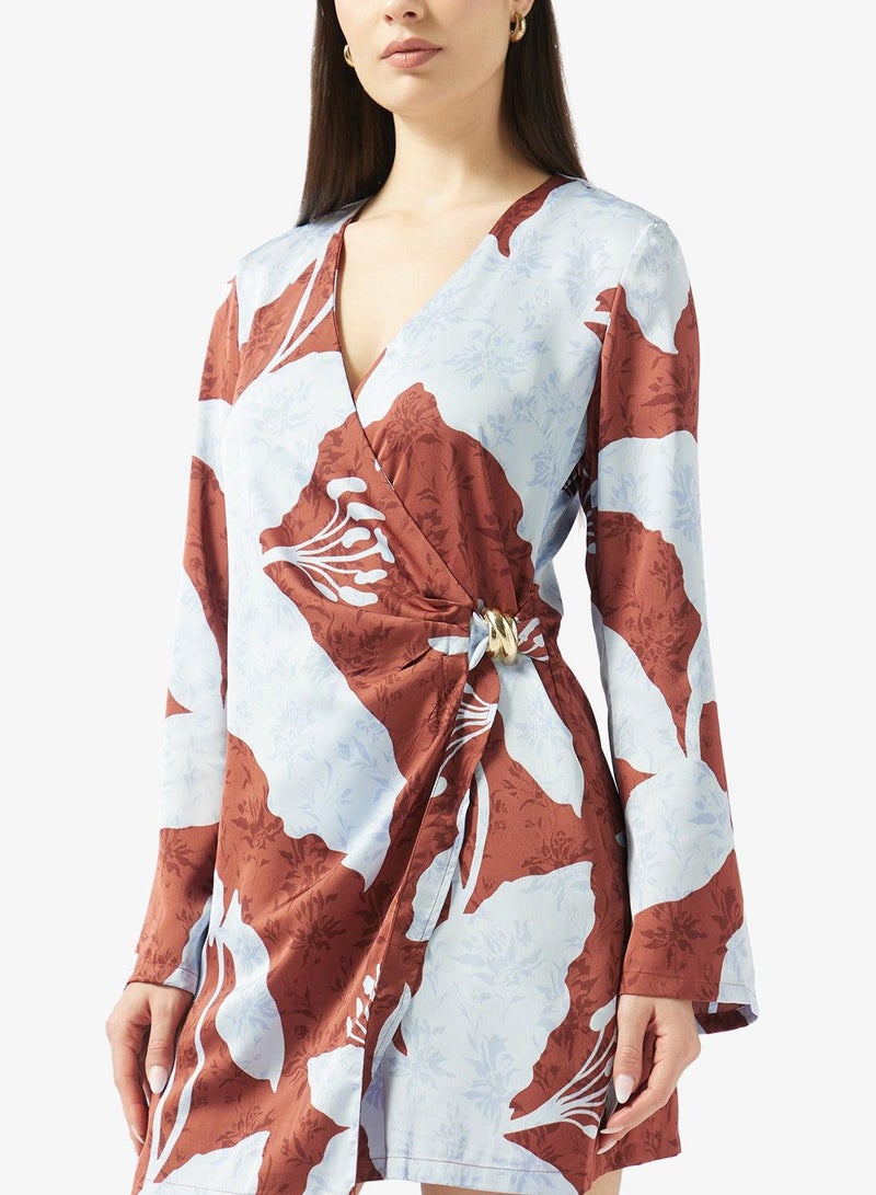 ONLY ONLFREYLIA Printed Wrap Detail Long Sleeve Sleeve Mini Dress - Image 4