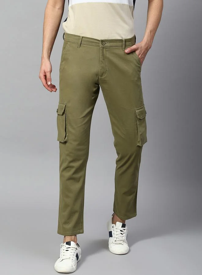 Dennis Lingo Men's Light Olive Tapered Fit Cargo Trousers - Cotton Fabric, Full-Length