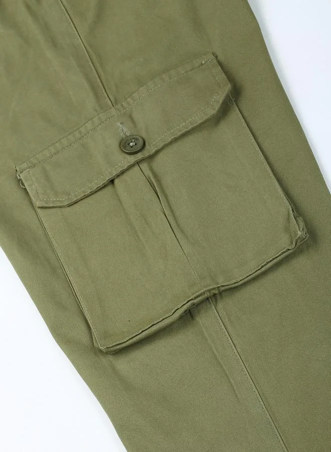 Dennis Lingo Men's Light Olive Tapered Fit Cargo Trousers - Cotton Fabric, Full-Length