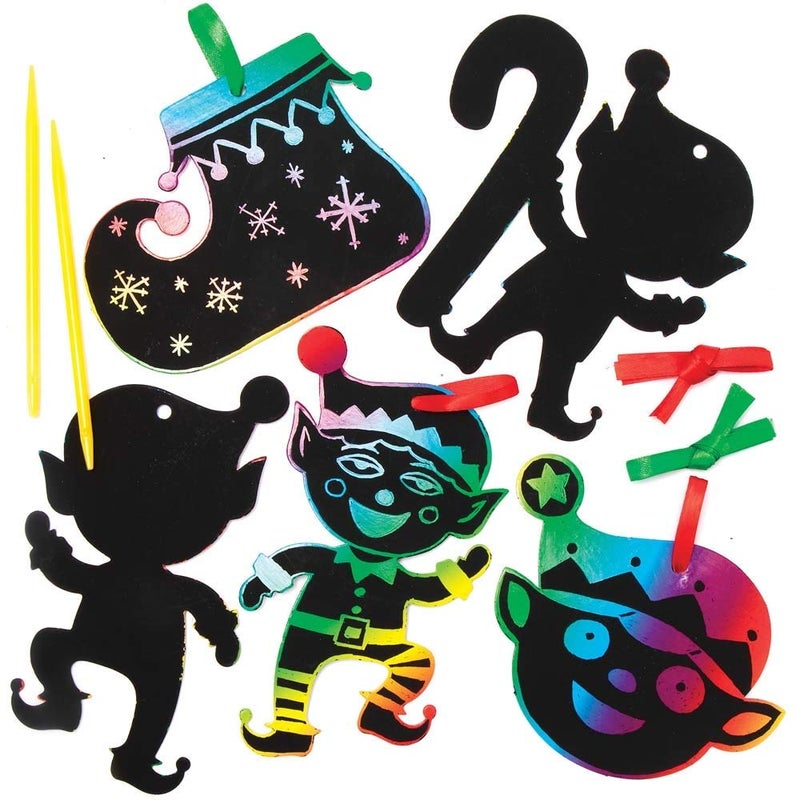 Baker Ross AX395 Christmas Elf Scratch Art - Pack of 10, Magic Scratch Art and Craft Kits for Kids Xmas Eve Activities - Image 1