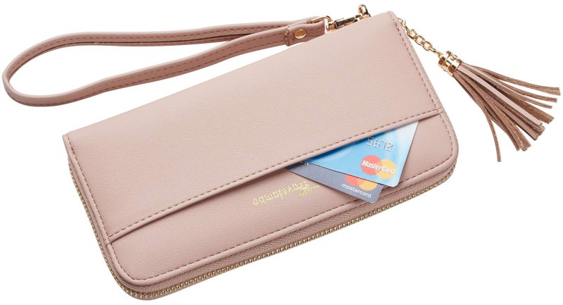 Travelambo Womens Wallet Tassel Bifold Ladies Clutch Wristlet Wrist strap Long Purse (Access Pink Champagne) - Image 3