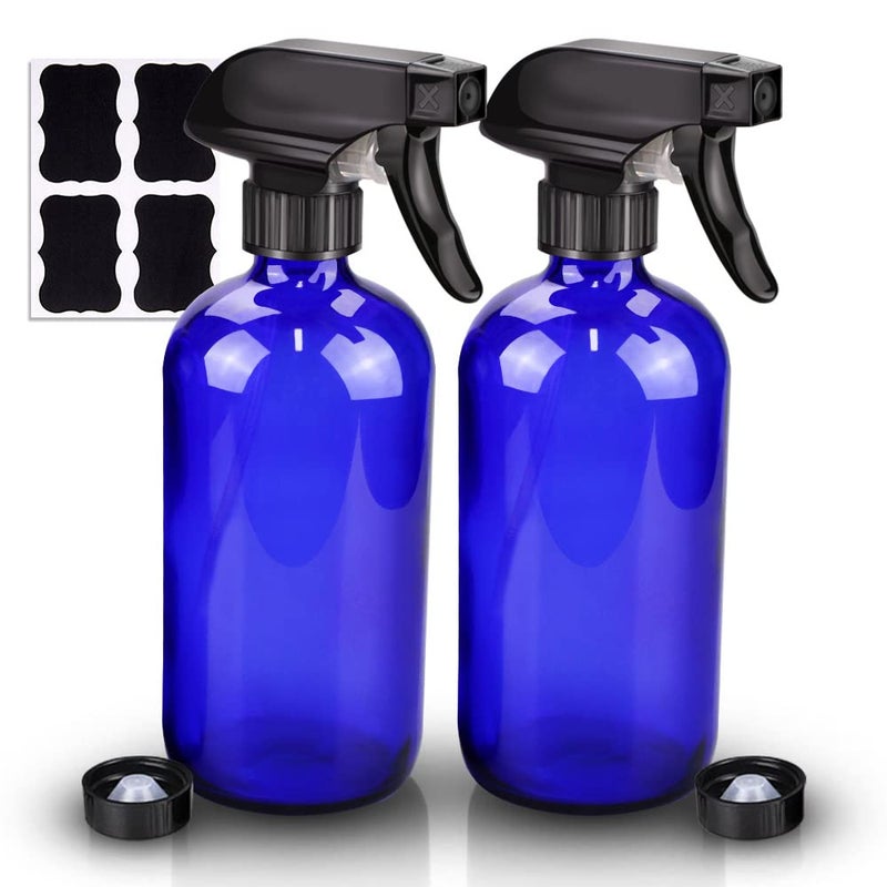 Wedama Glass Spray Bottle 2 Pack Blue 16 oz Glass Spray Bottles for Cleaning Solutions and Essential Oils Refillable Empty Spray Bottle with Adjustable Nozzles for Alcohol Plant and Hair Care