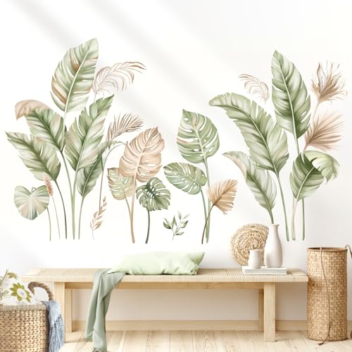 wondever Boho Palm Leaves Wall Stickers Tropical Green Plants Peel and Stick Wall Art Decals for Living Room Bedroom TV Background - Image 3