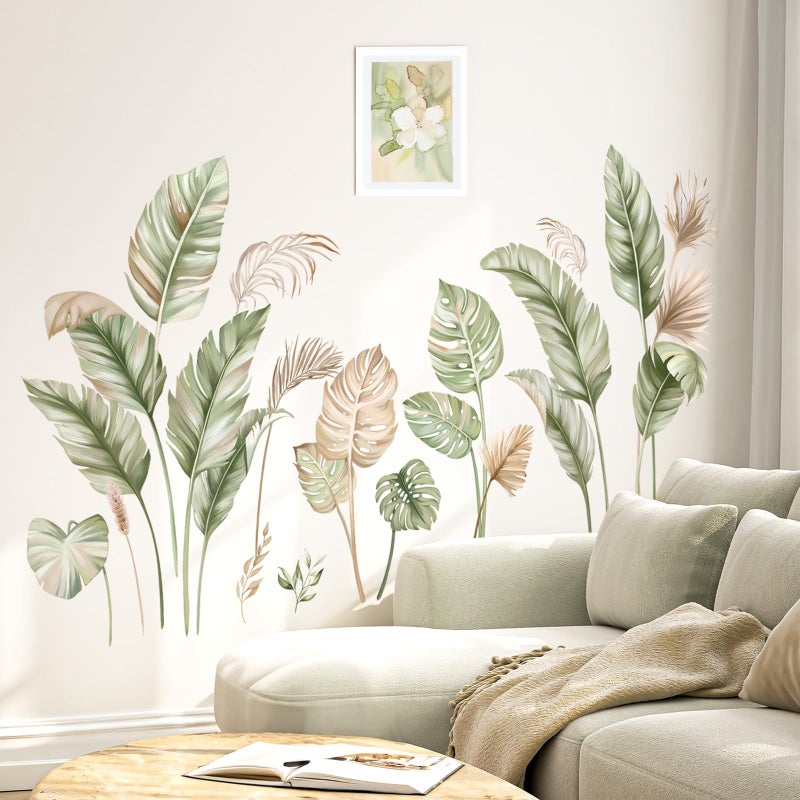 wondever Boho Palm Leaves Wall Stickers Tropical Green Plants Peel and Stick Wall Art Decals for Living Room Bedroom TV Background - Image 2
