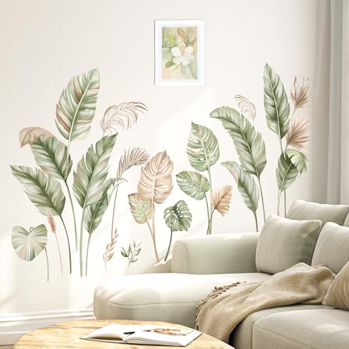 wondever Boho Palm Leaves Wall Stickers Tropical Green Plants Peel and Stick Wall Art Decals for Living Room Bedroom TV Background - Image 1