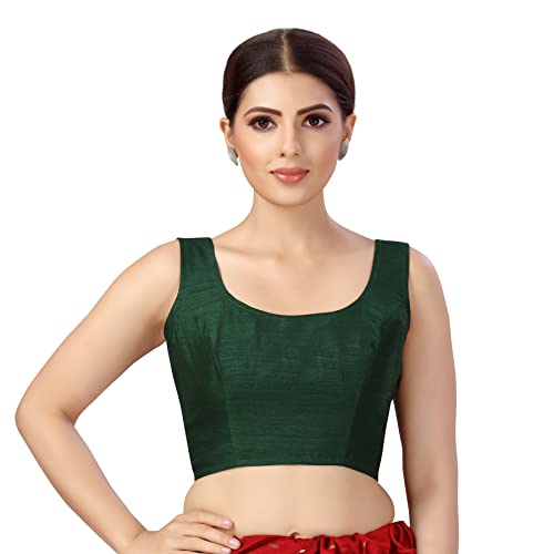 Studio Shringaar Women's Readymade Art Silk Sleeveless Saree Blouse (Bottle Green, 40) - Image 1