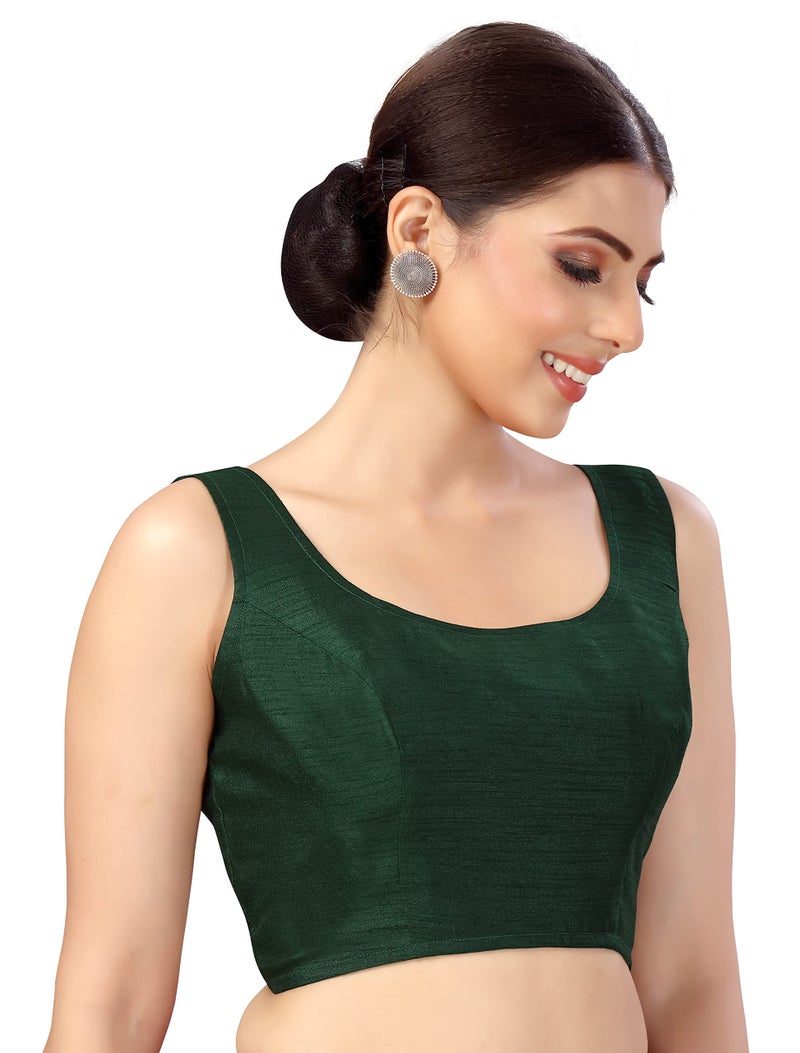 Studio Shringaar Women's Readymade Art Silk Sleeveless Saree Blouse (Bottle Green, 40) - Image 3
