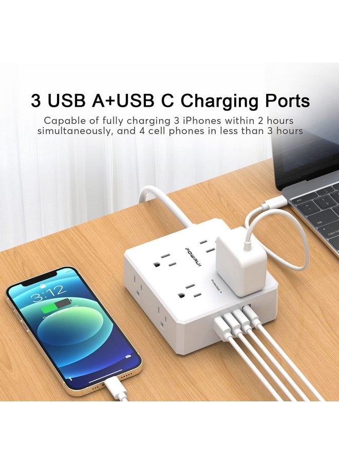 POWRUI 10Ft Surge Protector Power Strip - Flat Plug Extension Cord with 8 Widely Outlets and 4 USB Ports(1 USB C), 3 Side Outlet Extender for Home Office Dorm Room Essentials, White，ETL Listed  - Image 2