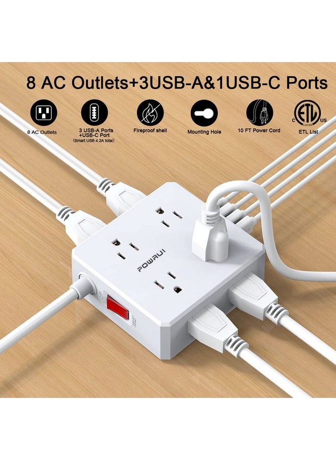 POWRUI 10Ft Surge Protector Power Strip - Flat Plug Extension Cord with 8 Widely Outlets and 4 USB Ports(1 USB C), 3 Side Outlet Extender for Home Office Dorm Room Essentials, White，ETL Listed  - Image 1