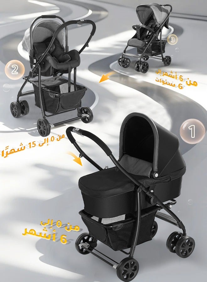 هيبوبي عربة أطفال ثلاثية في واحد قابلة للعكس — سرير نوم + مقعد سيارة + عربة أطفال، قابلة للطي بضغطة واحدة، نظام امتصاص صدمات متطور، حزام أمان بخمس نقاط، أقمشة قابلة للإزالة والغسل، سلة تخزين كبيرة، مناسبة من عمر 0 إلى 6 سنوات - Image 2