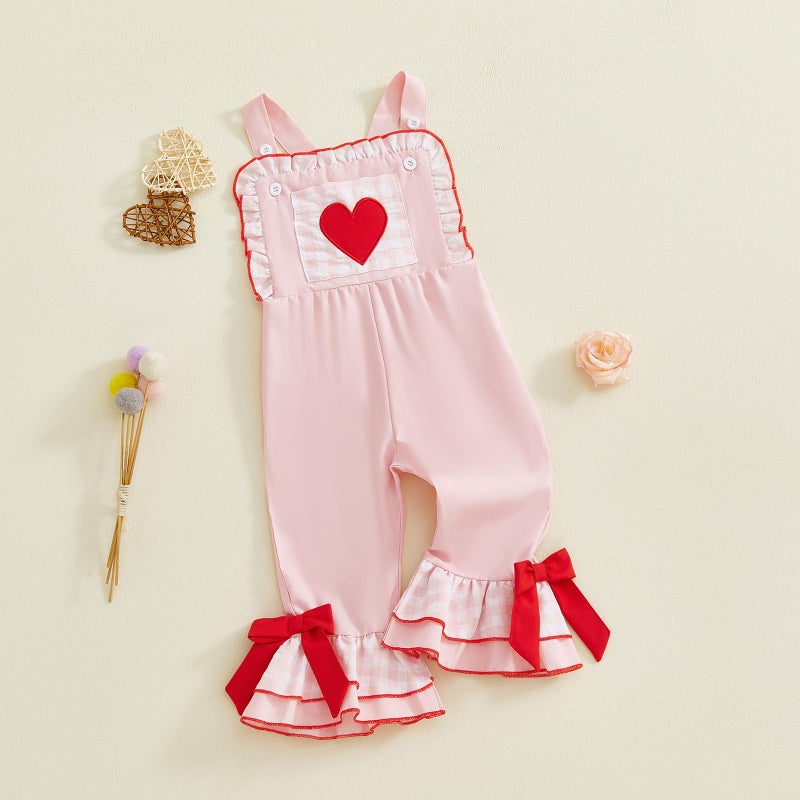 Mieeyali Girls Valentines Day Outfit Overalls Heart Romper Baby Girl Valentines Outfit Bell Bottoms Suspender Jumpsuit (Pink, 12-18 Months) - Image 4