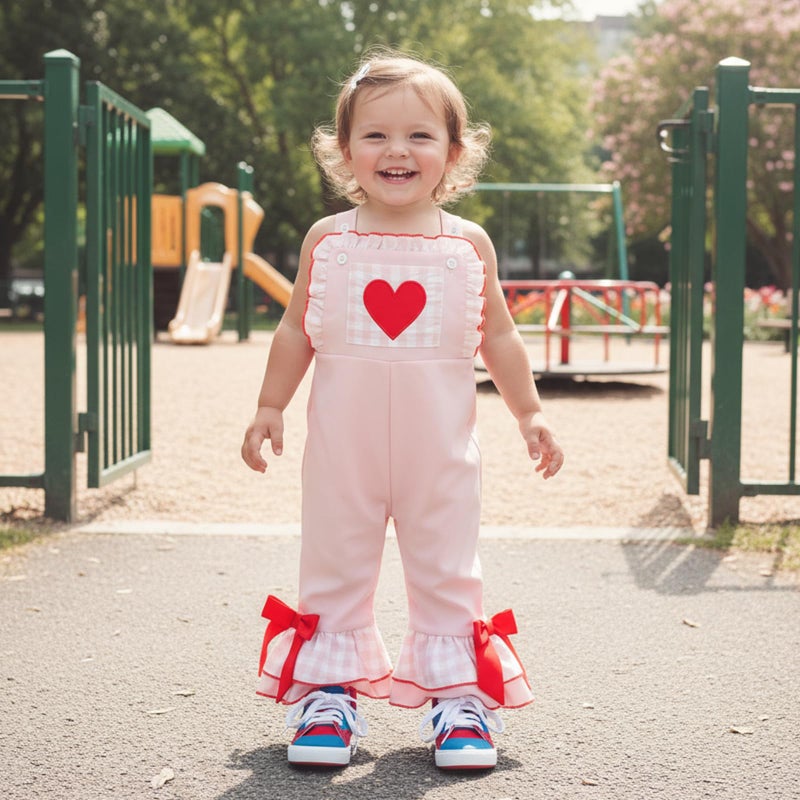 Mieeyali Girls Valentines Day Outfit Overalls Heart Romper Baby Girl Valentines Outfit Bell Bottoms Suspender Jumpsuit (Pink, 12-18 Months) - Image 3