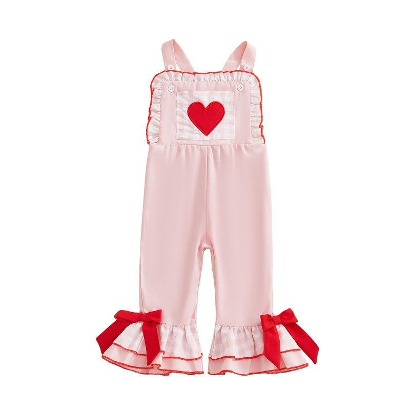 Mieeyali Girls Valentines Day Outfit Overalls Heart Romper Baby Girl Valentines Outfit Bell Bottoms Suspender Jumpsuit (Pink, 12-18 Months) - Image 1