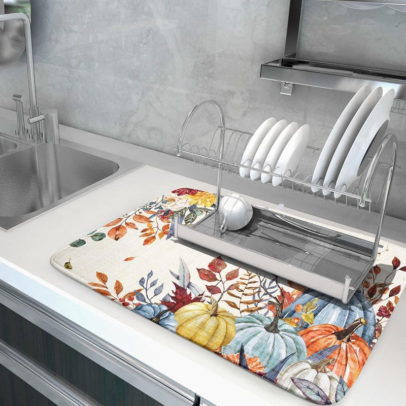 Giwawa Fall Dish Drying Mat for Kitchen Countertop, Watercolor Autumn Teal Blue Orange Pumpkins Floral Dish Drainer Mats, Thanksgiving Harvest Absorbent Dish Drying Pad Decor, 18x24 inch Large - Image 5