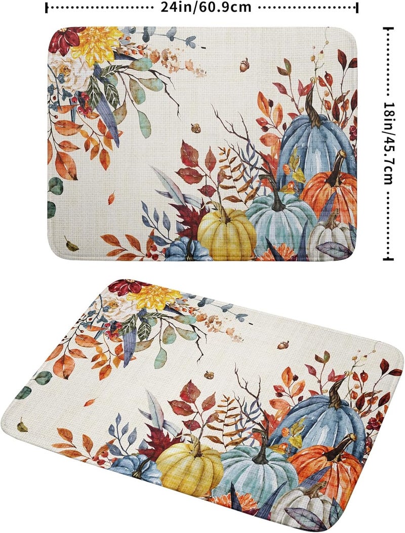 Giwawa Fall Dish Drying Mat for Kitchen Countertop, Watercolor Autumn Teal Blue Orange Pumpkins Floral Dish Drainer Mats, Thanksgiving Harvest Absorbent Dish Drying Pad Decor, 18x24 inch Large - Image 2