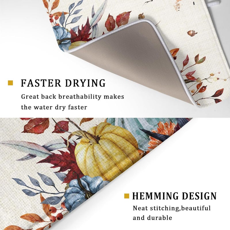 Giwawa Fall Dish Drying Mat for Kitchen Countertop, Watercolor Autumn Teal Blue Orange Pumpkins Floral Dish Drainer Mats, Thanksgiving Harvest Absorbent Dish Drying Pad Decor, 18x24 inch Large - Image 3