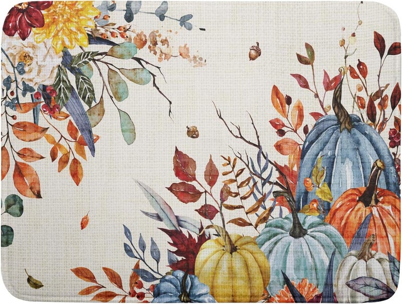 Giwawa Fall Dish Drying Mat for Kitchen Countertop, Watercolor Autumn Teal Blue Orange Pumpkins Floral Dish Drainer Mats, Thanksgiving Harvest Absorbent Dish Drying Pad Decor, 18x24 inch Large - Image 1