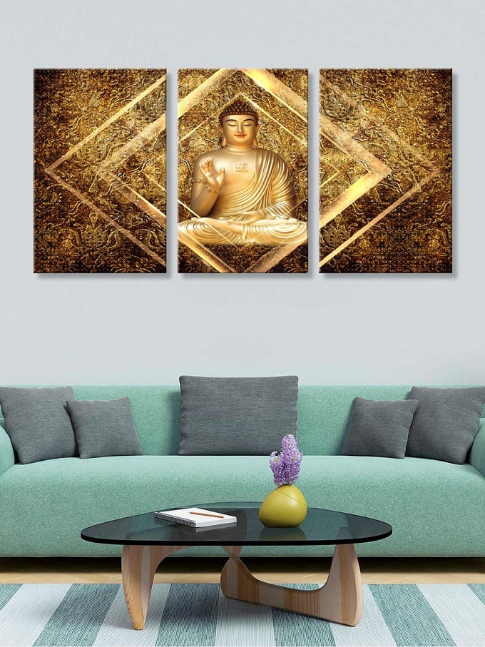 PRINTED GOLDEN BUDDHA GOLDEN WALL ART BUDDHA WALL PAINTING LIVING ROOM BIG SIZE SET OF 3 LARGE WALL HANGING DECORCANVAS_30X54 INCHES 3FCANVAS260
