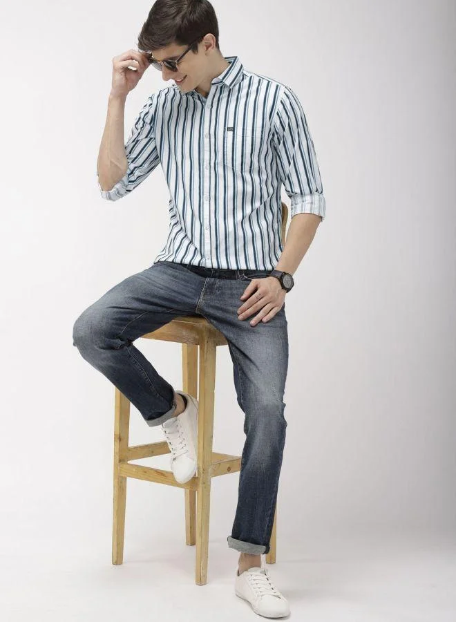 The Indian Garage Co Men Slim Fit Multi Striped Full Sleeves Cutaway Collar Casual Shirt