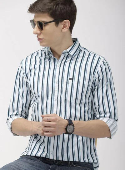 The Indian Garage Co Men Slim Fit Multi Striped Full Sleeves Cutaway Collar Casual Shirt