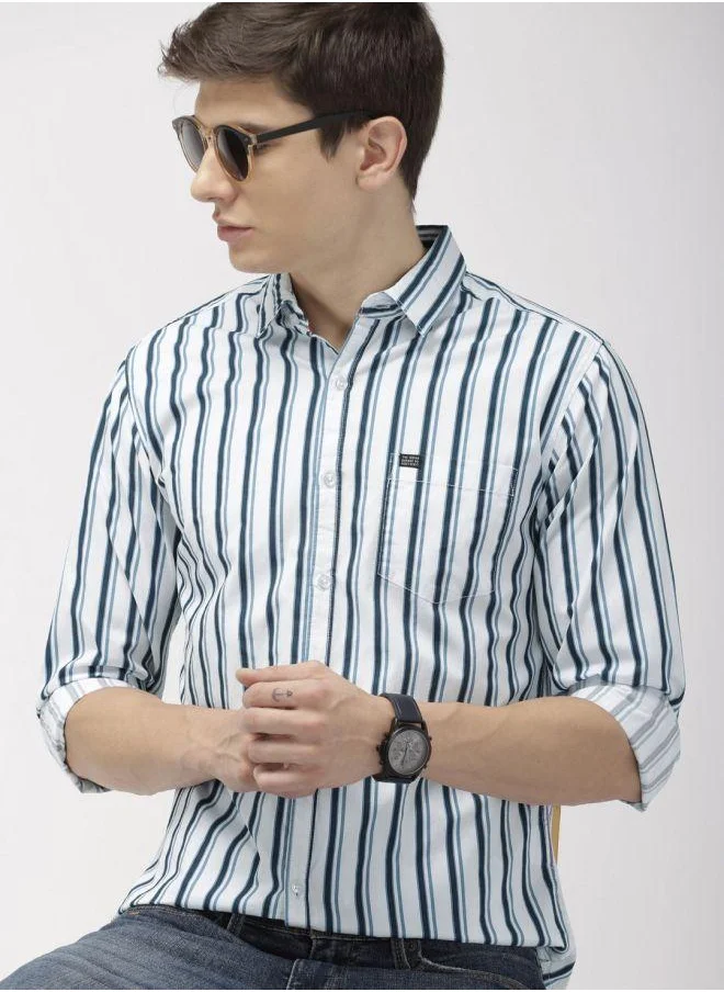 The Indian Garage Co Men Slim Fit Multi Striped Full Sleeves Cutaway Collar Casual Shirt