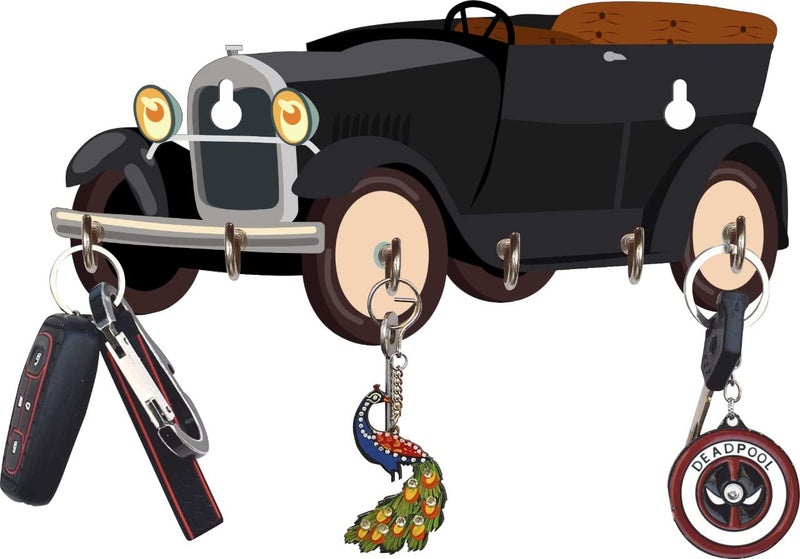 Webelkart Premium HD UV Printed Retro Car Shaped Keys Wooden Key Holder (12 Inch x 5 Inch, Wood, Multicolor)- 6 Hooks - Image 2