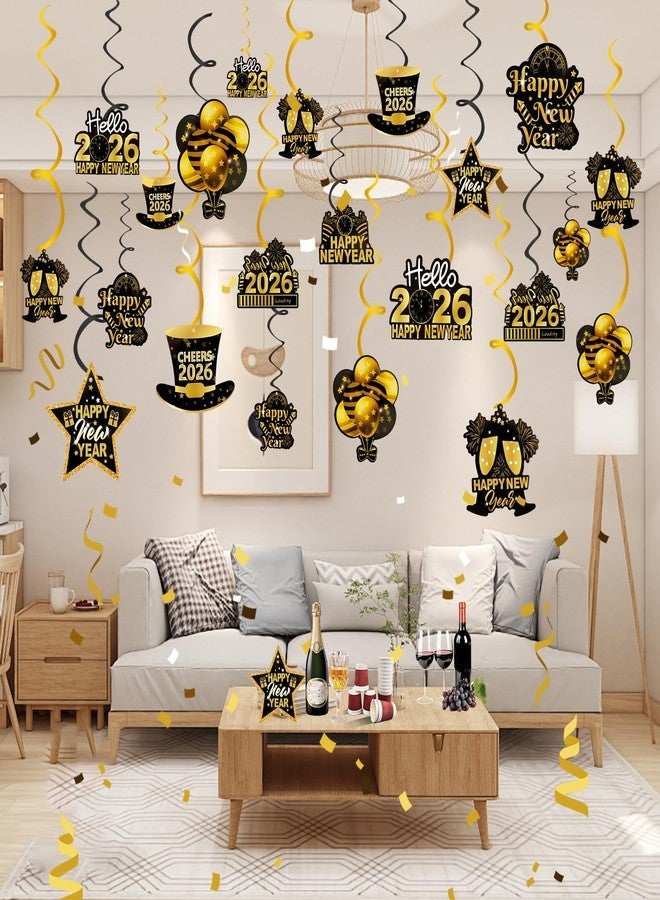 كونسيت مجموعة زينة رأس السنة الجديدة المعلقة من كونسايت، 32 قطعة، لوازم حفلات رأس السنة، زينة باللونين الأسود والذهبي لعام 2026، مناسبة للمنزل والمكتب والفصول الدراسية - Image 3
