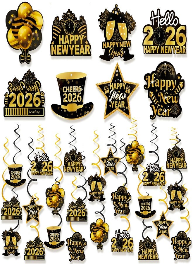 كونسيت مجموعة زينة رأس السنة الجديدة المعلقة من كونسايت، 32 قطعة، لوازم حفلات رأس السنة، زينة باللونين الأسود والذهبي لعام 2026، مناسبة للمنزل والمكتب والفصول الدراسية - Image 1