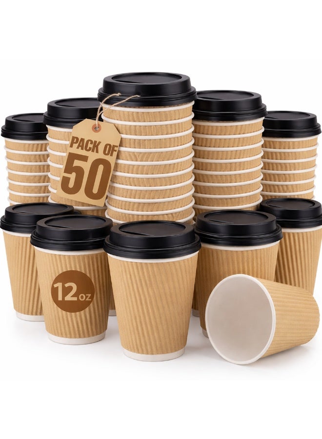 Jagravo 12 Oz. Brown Disposable Ripple Insulated Coffee Cups - Eco-Friendly Disposable Cups - Hot Beverage Corrugated Paper Cups With Lids - Sleeve Ripple Wall Paper Coffee Cups for Drink - Tea Cup(12oz 50 Pcs) - Image 1